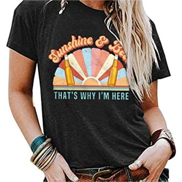 New Small SUNSHINE AND BEER THATS WHY I'M HERE Black T-Shirt Funny Graph… - Picture 2 of 3